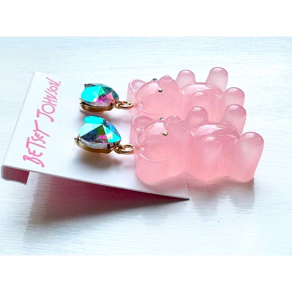 Betsey Johnson Large Gummy Bear Pink Iridescent Crystal Heart Earrings NWT - Picture 4 of 5